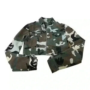 Renee Women's Camo Printed Long Sleeve Denim Bomber Jacket Green Size S